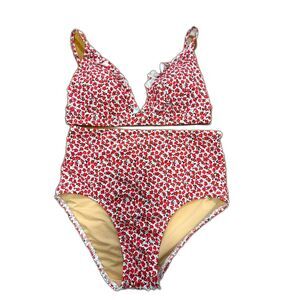 J. Crew Bikini Women's Size Medium Red White Floral High Waisted Bottoms Ruffle